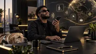 Blind creator wearing sunglasses uses a smartphone beside a laptop and guide dog, with accessibility and global connectivity symbols in the background.